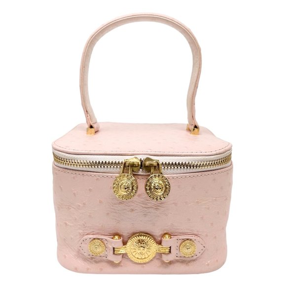 GIANNI VERSACE Vintage Logo Sun Vanity Bag Leather Pink Gold Zip Mirror [101776] - Picture 6 of 12